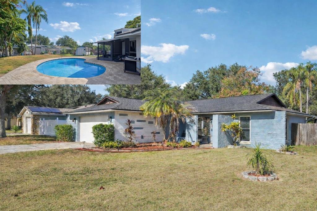 a view of a house with backyard and sitting area