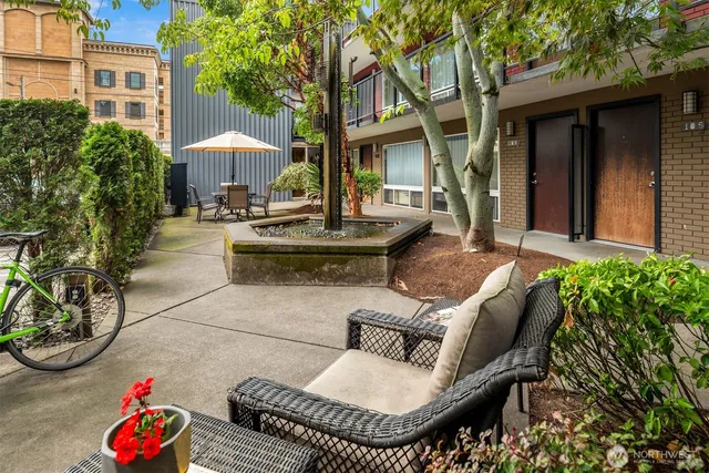 a view of a patio with table and chairs potted plants and a large tree