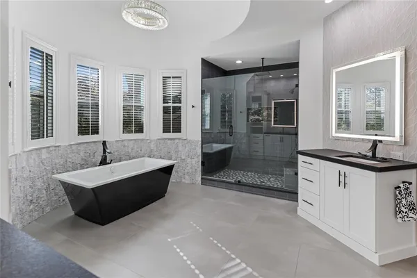 a bathroom with a sink a mirror and a shower