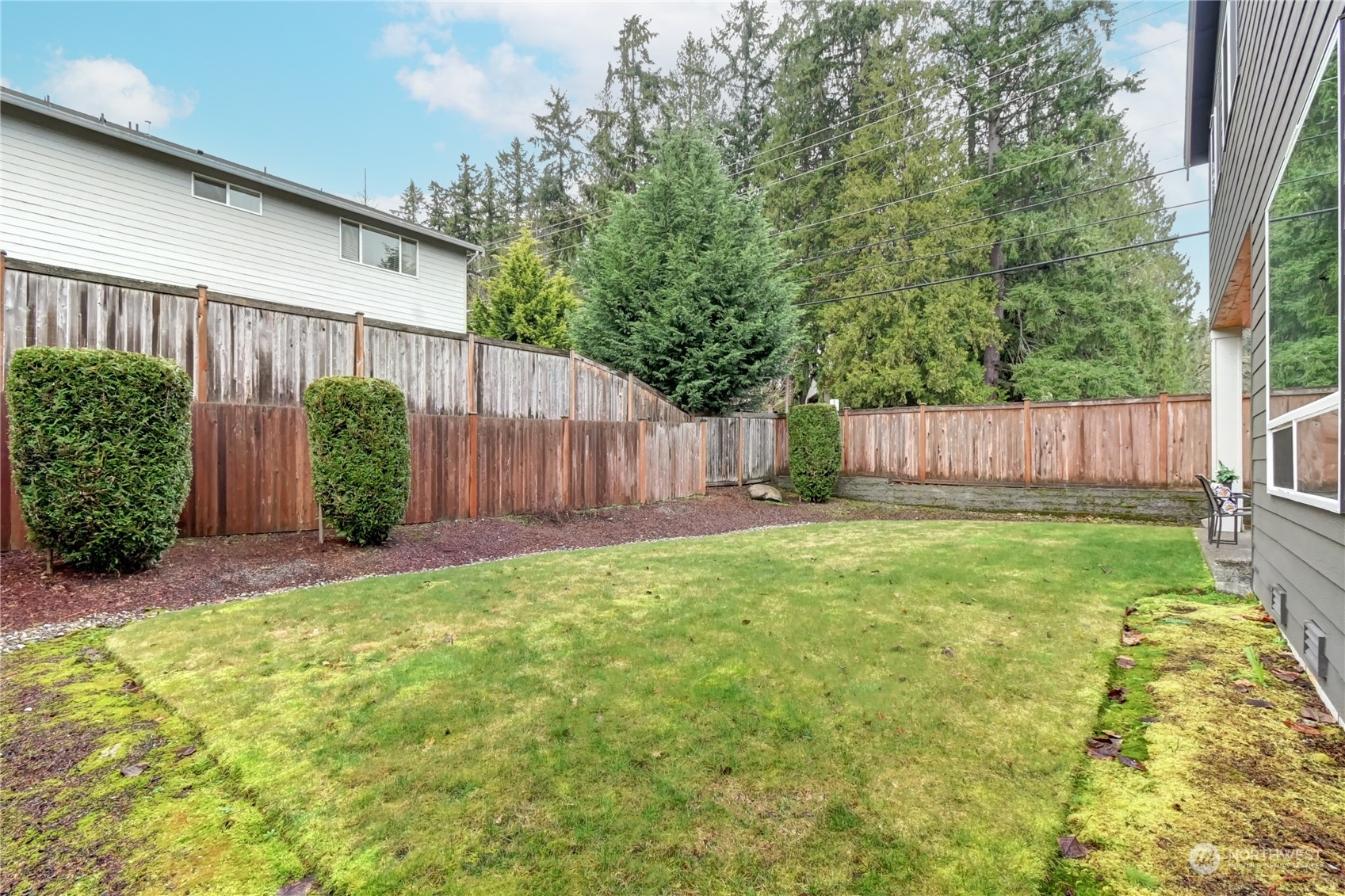 4431 231st Place Southeast Bothell, WA 98021 - Photo 34 of 36 a view of a backyard with large trees and wooden fence
