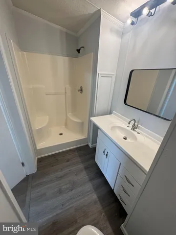a bathroom with a sink a mirror and a shower