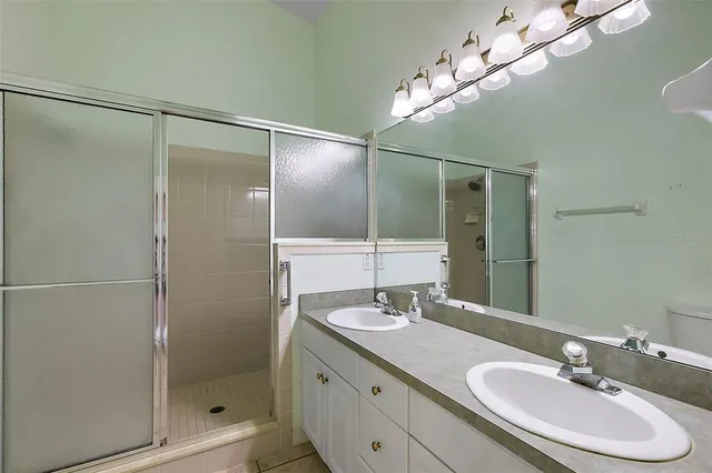 a bathroom with a sink shower and a mirror