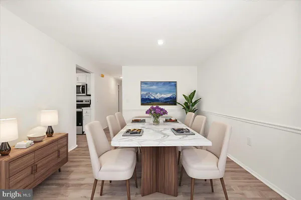 a view of a dining room with furniture