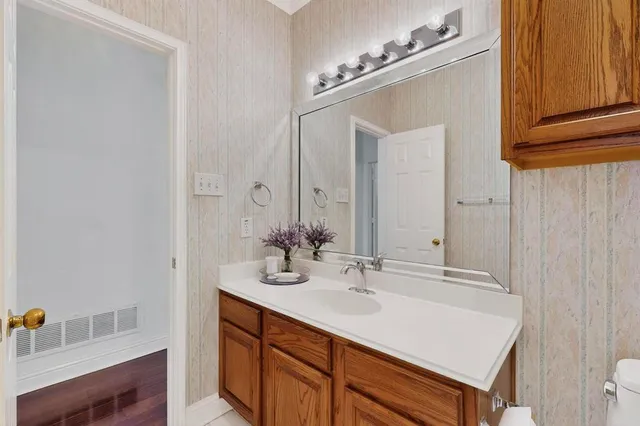 a bathroom with a sink vanity and a mirror