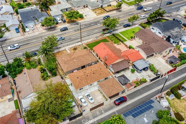 an aerial view of a house with a garden