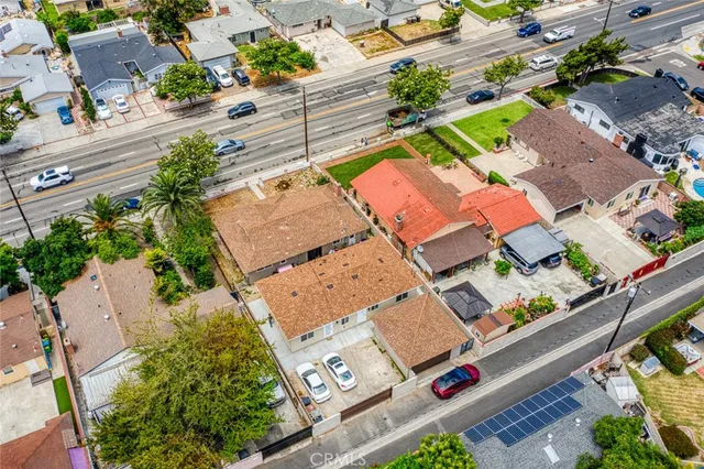 an aerial view of a house with a garden