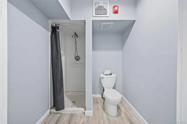 a bathroom with a toilet and a shower