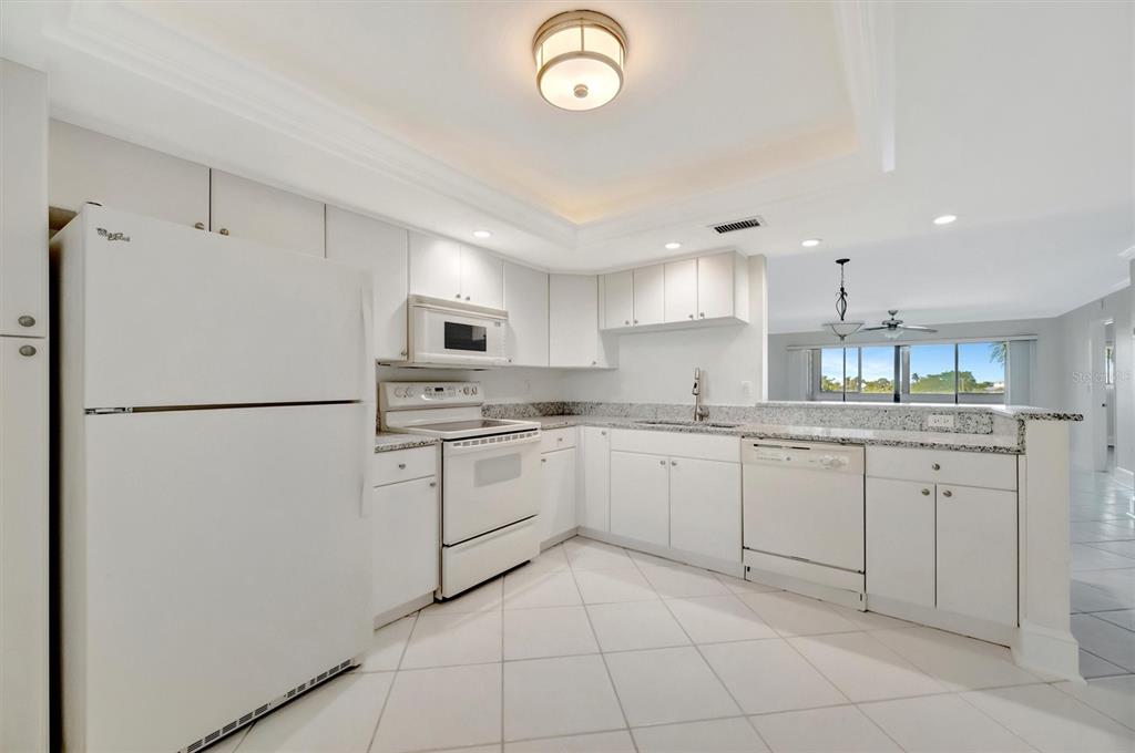 9604 Cortez Road West, Unit 222 Bradenton, FL 34210 - Photo 15 of 54 a kitchen with granite countertop appliances a sink and a refrigerator