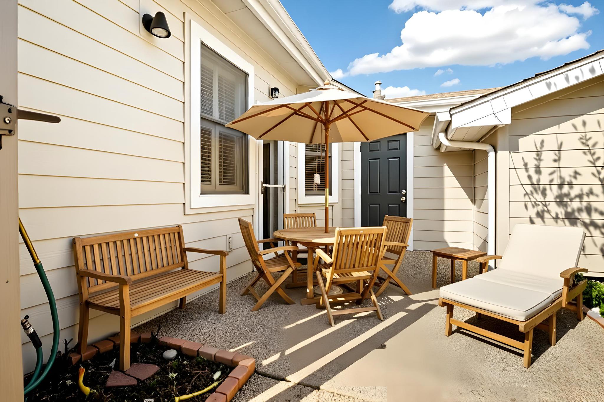 6501 Brush Country Road, Unit 109 Austin, TX 78749 - Photo 22 of 26 a balcony with furniture and umbrella