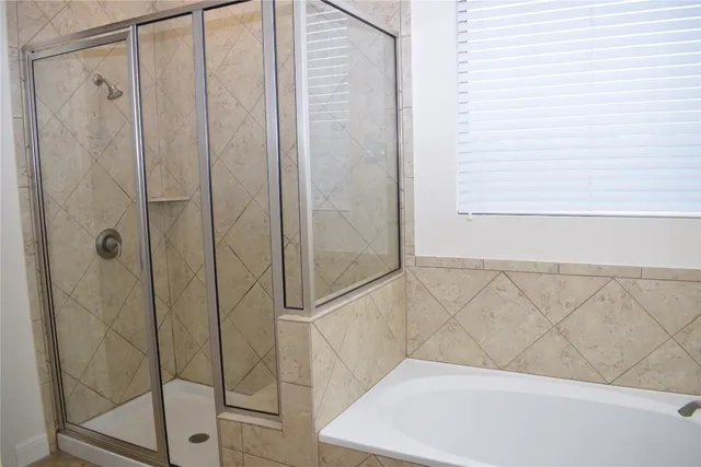 a bathroom with a bathtub and a shower