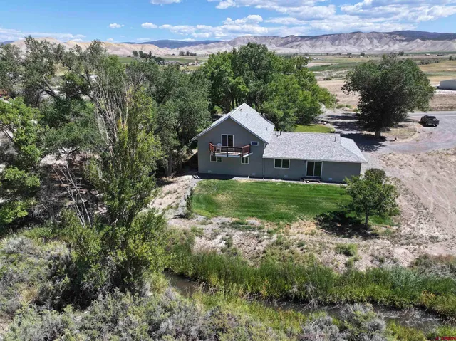 a aerial view of a house with a yard and a large tree