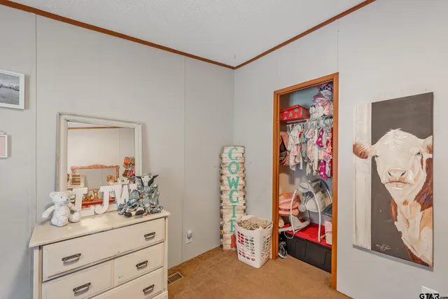 a bedroom with a large bed and a dresser