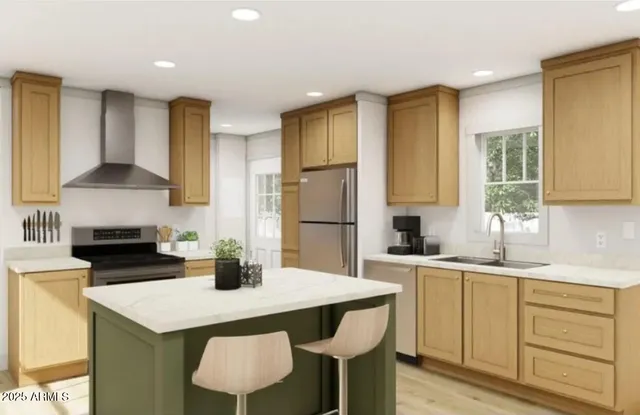 a kitchen with a stove a sink a kitchen island with chairs and wooden cabinets