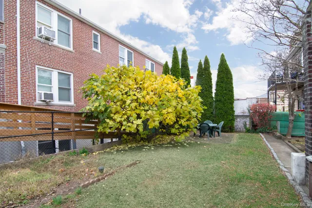 a view of a garden with a chair