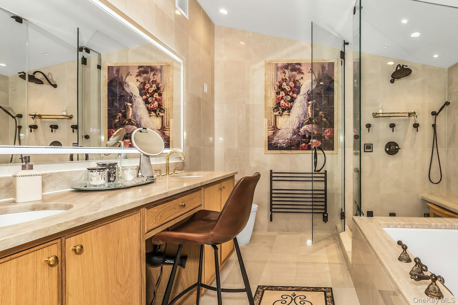 91 Crescent Beach Road Glen Cove, NY 11542 - Photo 23 of 38 a bathroom with a granite countertop sink a mirror a shower and a bathtub