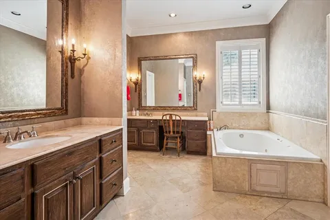 a bathroom with a tub double vanity sink and a large mirror