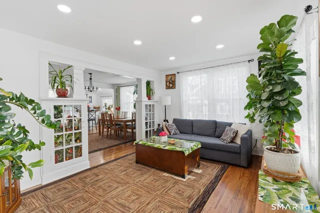 a living room with furniture and a potted plant