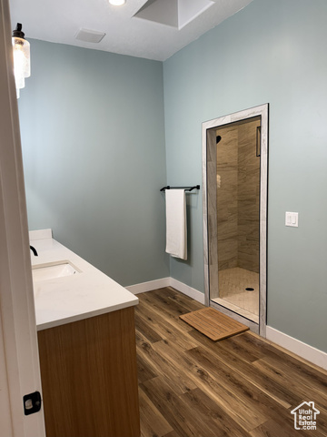 175 North 160 East Hurricane, UT 84737 - Photo 28 of 43 Bathroom with vanity, dark wood-type flooring, and a shower stall