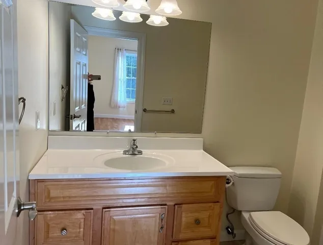 a bathroom with a sink a toilet and mirror
