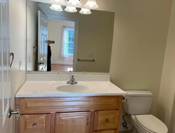 a bathroom with a sink a toilet and mirror