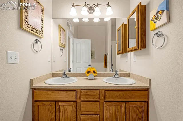 a bathroom with a sink double vanity and a mirror