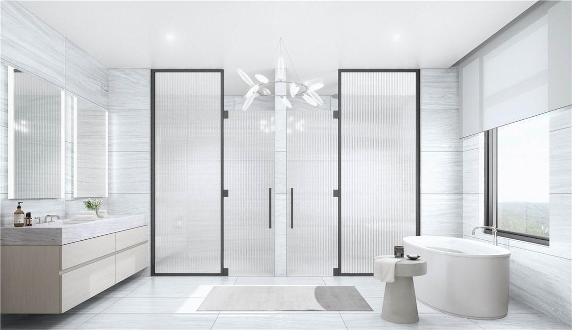 570 Bedford Road, Unit 52B Armonk, NY 10504 - Photo 9 of 36 a bathroom with a double vanity sink a mirror and a bathtub