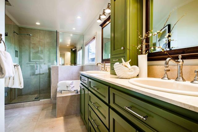 a view of a backyard with swimming pool