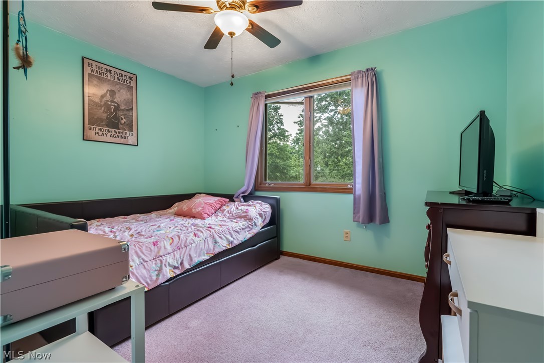 4922 South Ridge Road East Geneva, OH 44041 - Photo 18 of 46 Second front-facing bedroom featuring natural wood trim, a ceiling fan, and great natural light from the oversized window.