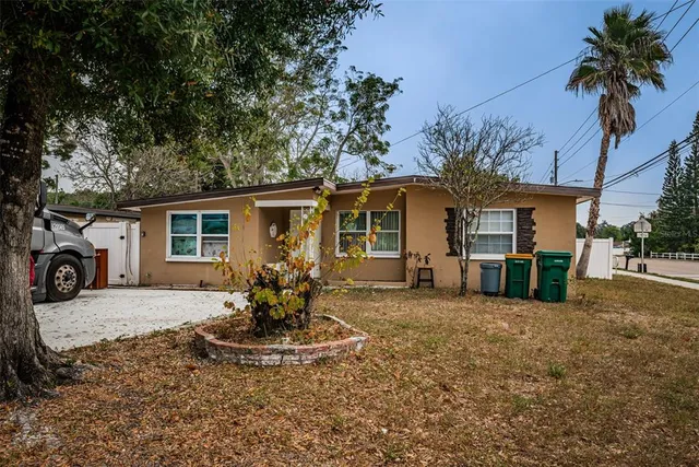 front view of a house with a patio