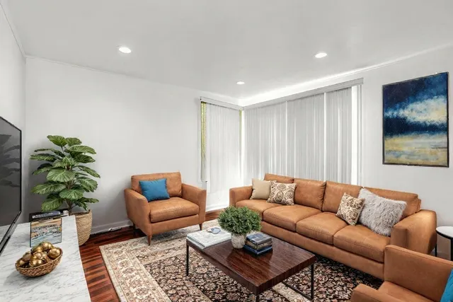 a living room with furniture potted plant and a window