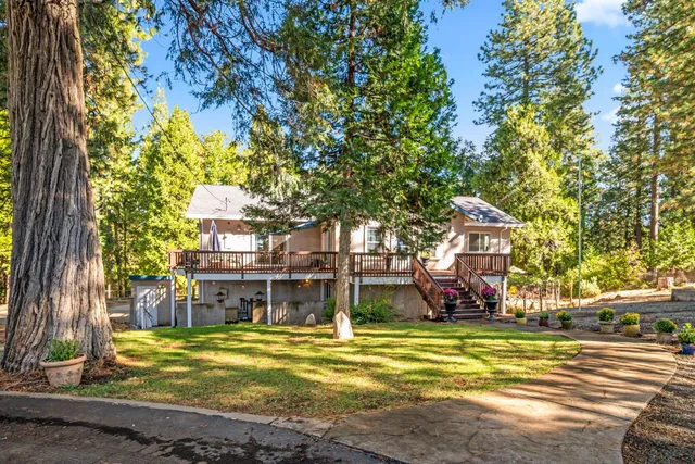 a view of a house with a yard and potted plants