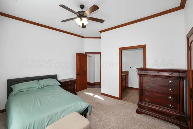 a bedroom with a bed and a ceiling fan