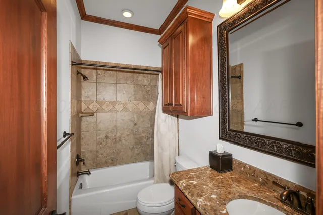 a bathroom with a granite countertop bathtub shower sink vanity and toilet