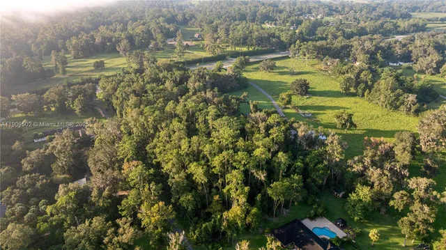 an aerial view of residential houses with outdoor space and trees