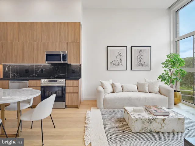 a living room with furniture a couch and a potted plant