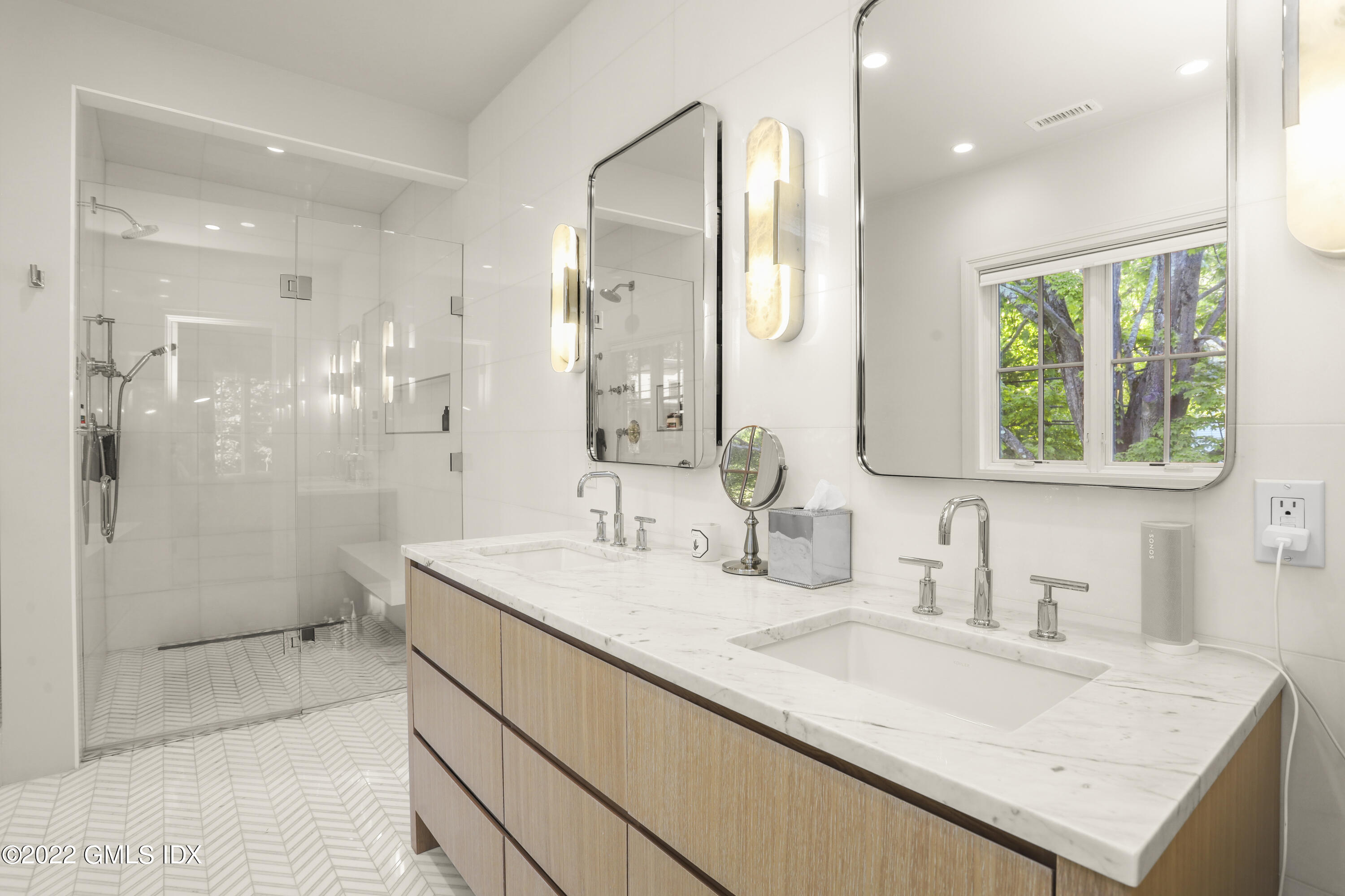 27 Linwood Avenue Riverside, CT 06878 - Photo 10 of 23 a bathroom with a granite countertop sink mirror and shower