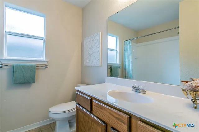 a bathroom with a sink a toilet and mirror
