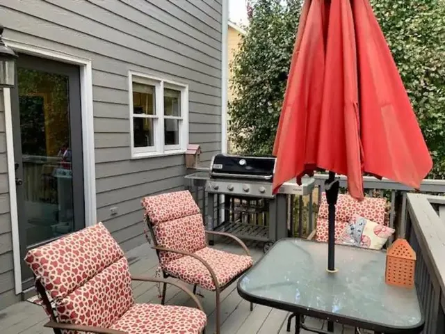 a view of a two chairs in the patio