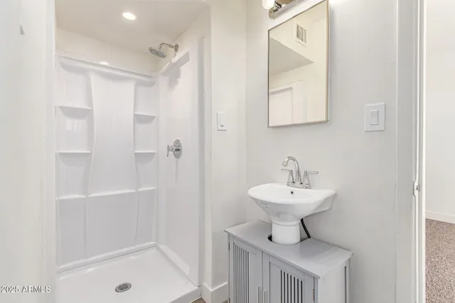 a bathroom with a sink a mirror and a shower