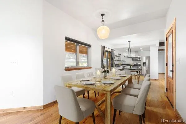 a view of a dining room with furniture and wooden floor