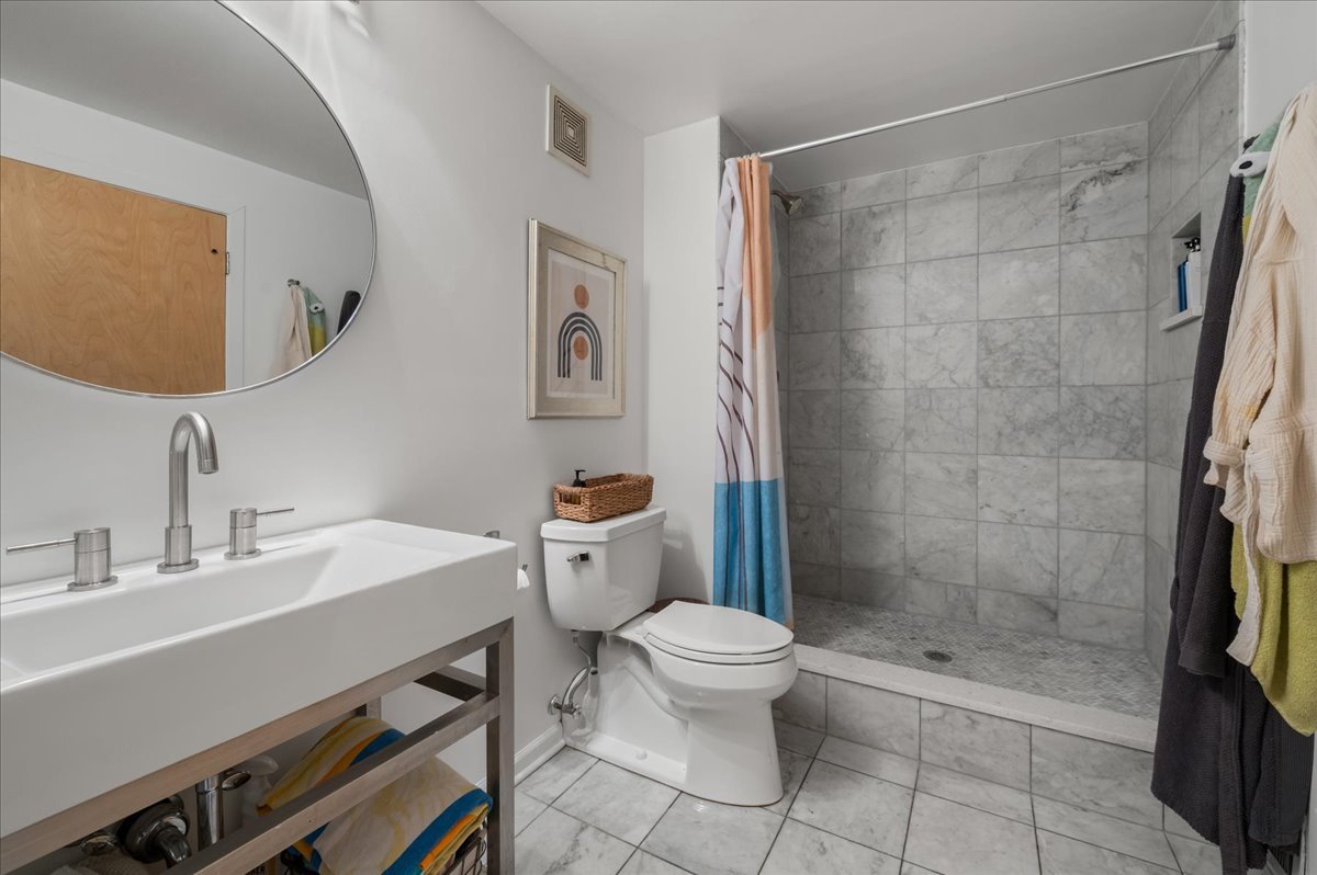 2161 North California Avenue, Unit 105 Chicago, IL 60647 - Photo 23 of 27 a bathroom with a sink a toilet and a mirror