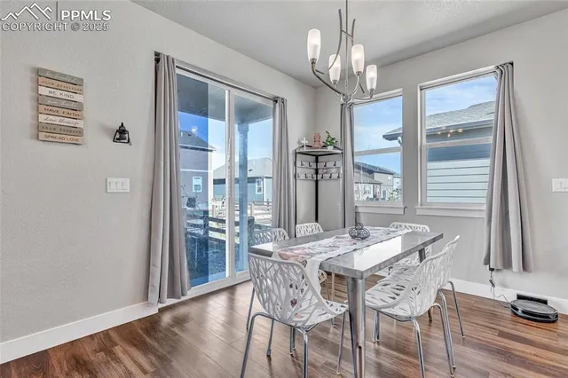 a view of a dining room with furniture and window