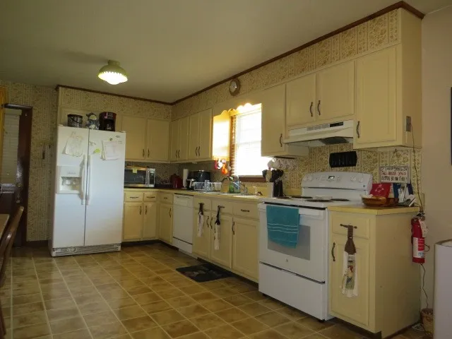 a kitchen with a refrigerator sink and cabinets