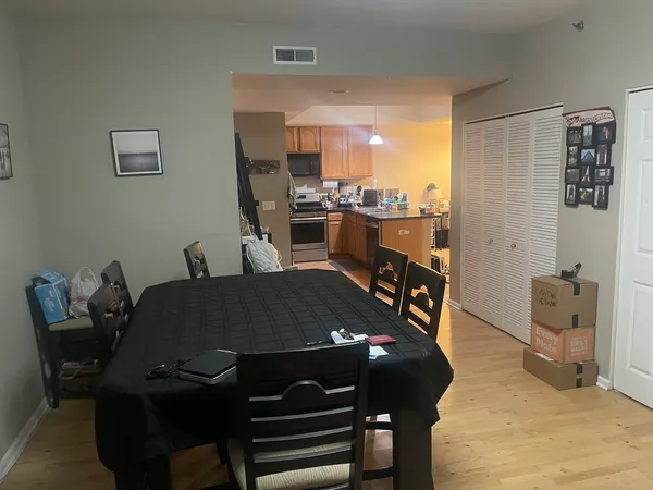 a view of a dining room with furniture