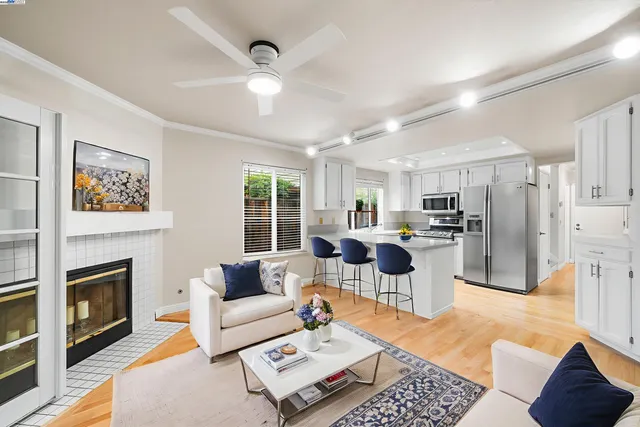 a living room with furniture and a fireplace