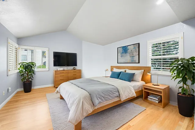 a bedroom with a bed potted plant and a flat screen television