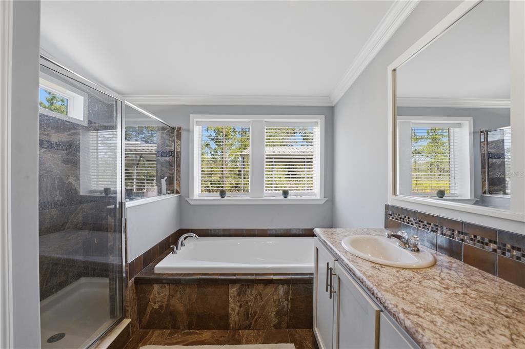 6844 Chad Jason Road St. Cloud, FL 34773 - Photo 34 of 59 a bathroom with a granite countertop sink a mirror and a bathtub