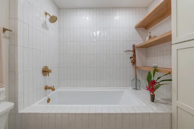 a bathroom with a bathtub and a shower