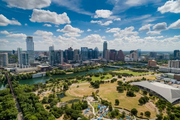 a view of a city with tall buildings