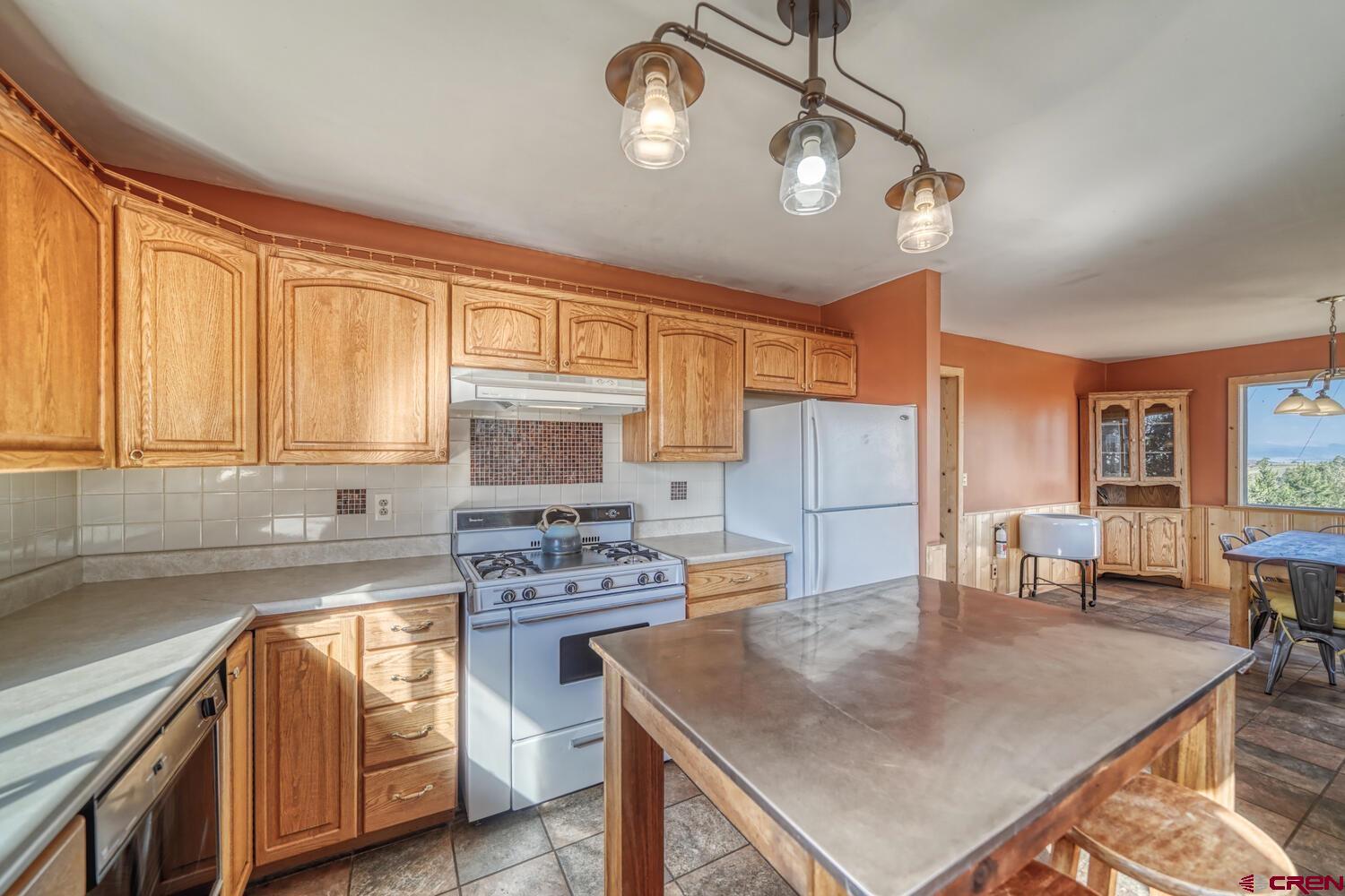 741 Wolfe Road Hartsel, CO 80449 - Photo 15 of 45 a kitchen with stainless steel appliances granite countertop a stove a refrigerator a sink a dining table and chairs with wooden floor